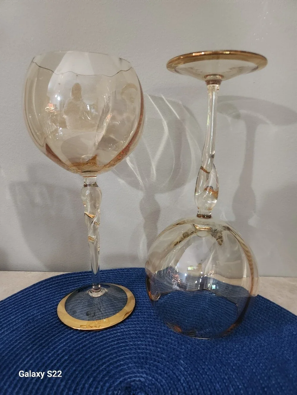 Gold-Trimmed Base Iridescent Amber Tint Balloon Wine Glasses - Set of 2